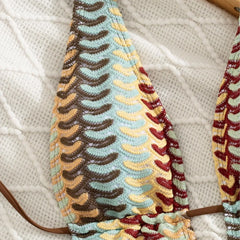 Boho Multicolor Wave Knit One Piece Bathing Suit Halter Plunging V Hollow Out Swimsuit Side Tie Straps Vacation Swimwear