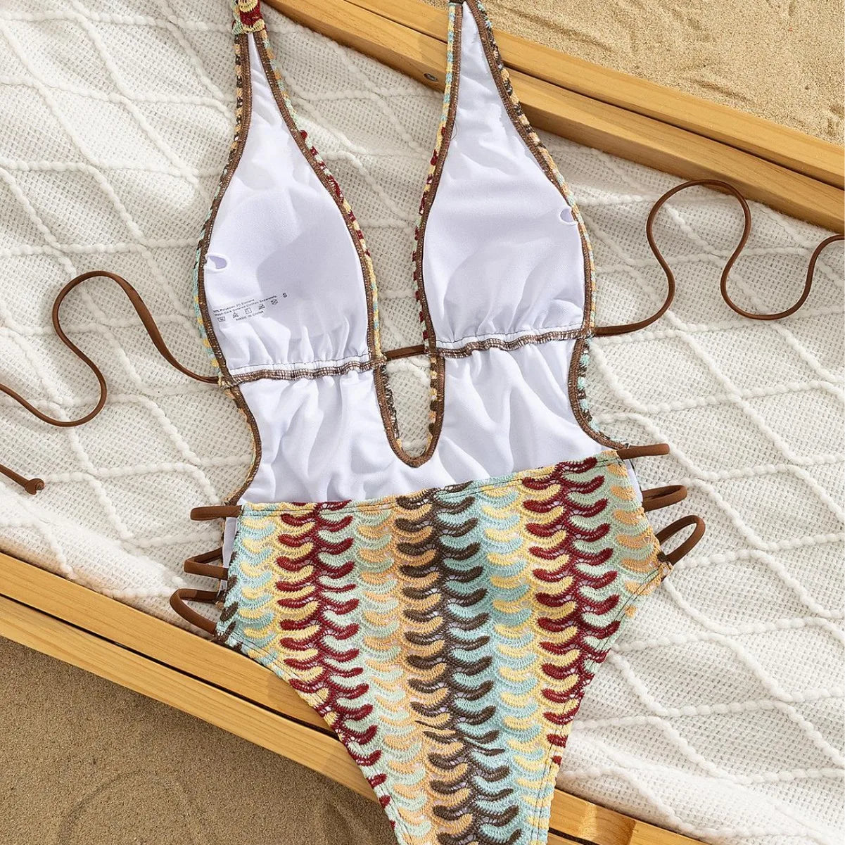 Boho Multicolor Wave Knit One Piece Bathing Suit Halter Plunging V Hollow Out Swimsuit Side Tie Straps Vacation Swimwear