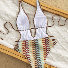 Boho Multicolor Wave Knit One Piece Bathing Suit Halter Plunging V Hollow Out Swimsuit Side Tie Straps Vacation Swimwear