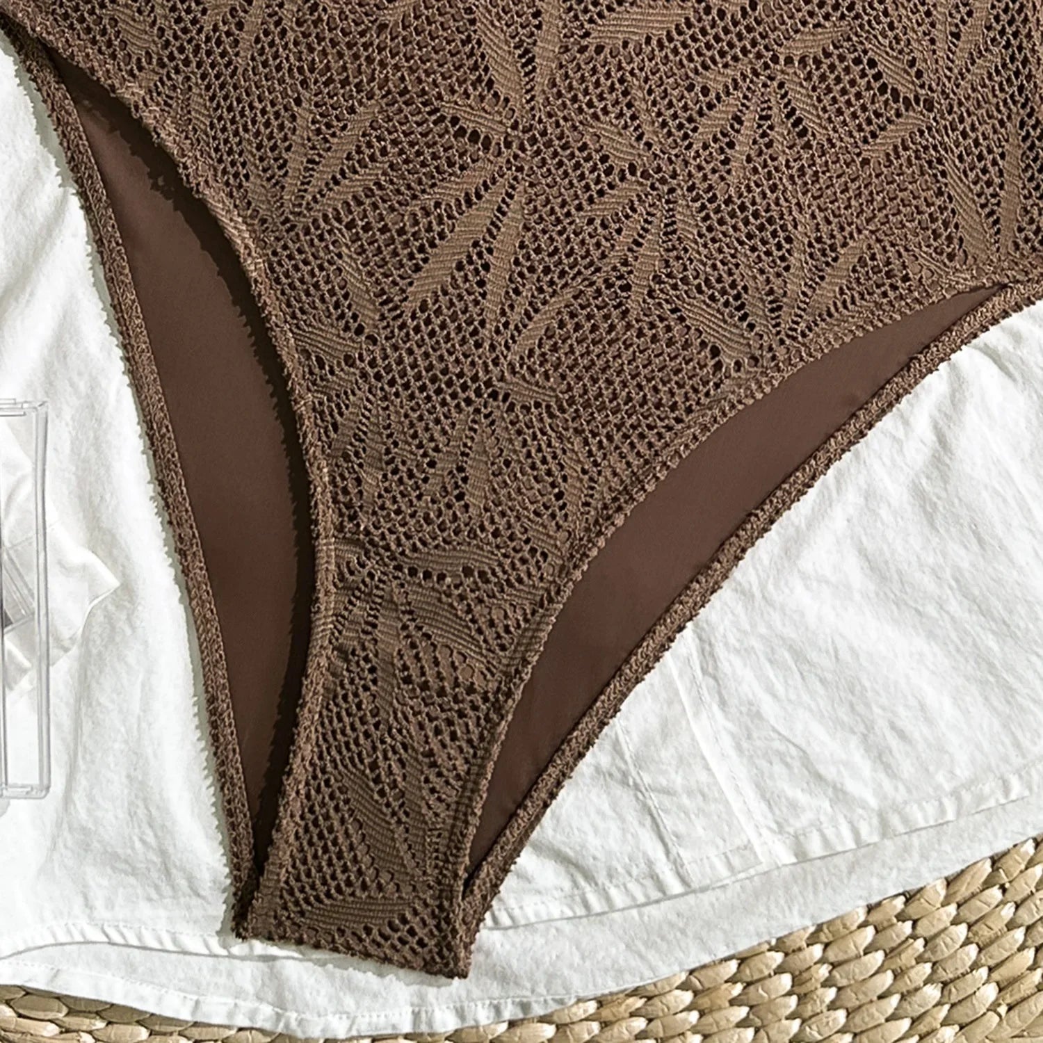 Boho Textured Leaf One Piece Suits Bathing Suit Thin Strap Amber Bead Keyhole Cutout High Cut Leg Pool Vacation Swimwear