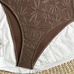 Boho Textured Leaf One Piece Suits Bathing Suit Thin Strap Amber Bead Keyhole Cutout High Cut Leg Pool Vacation Swimwear