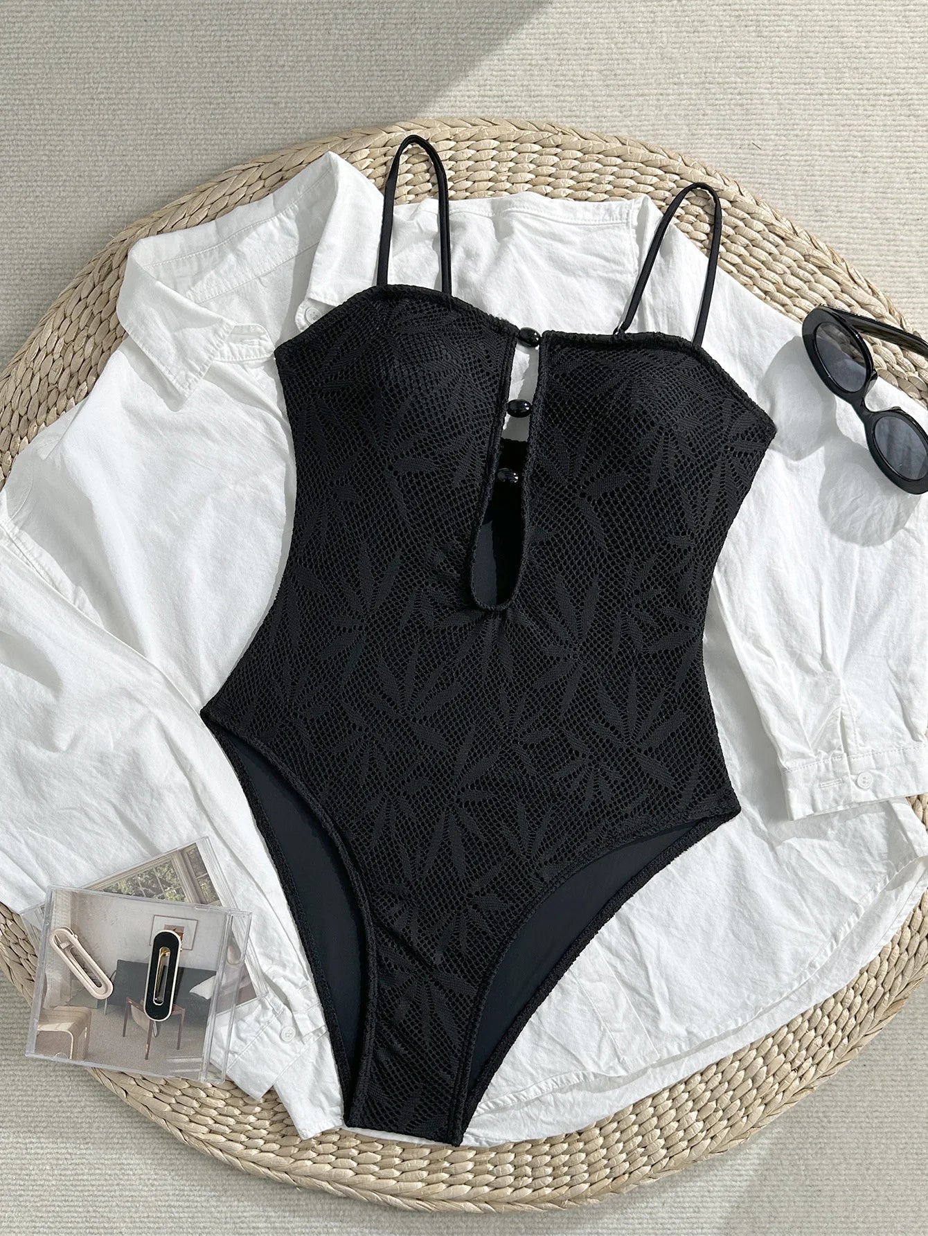 Boho Textured Leaf One Piece Suits Bathing Suit Thin Strap Amber Bead Keyhole Cutout High Cut Leg Pool Vacation Swimwear
