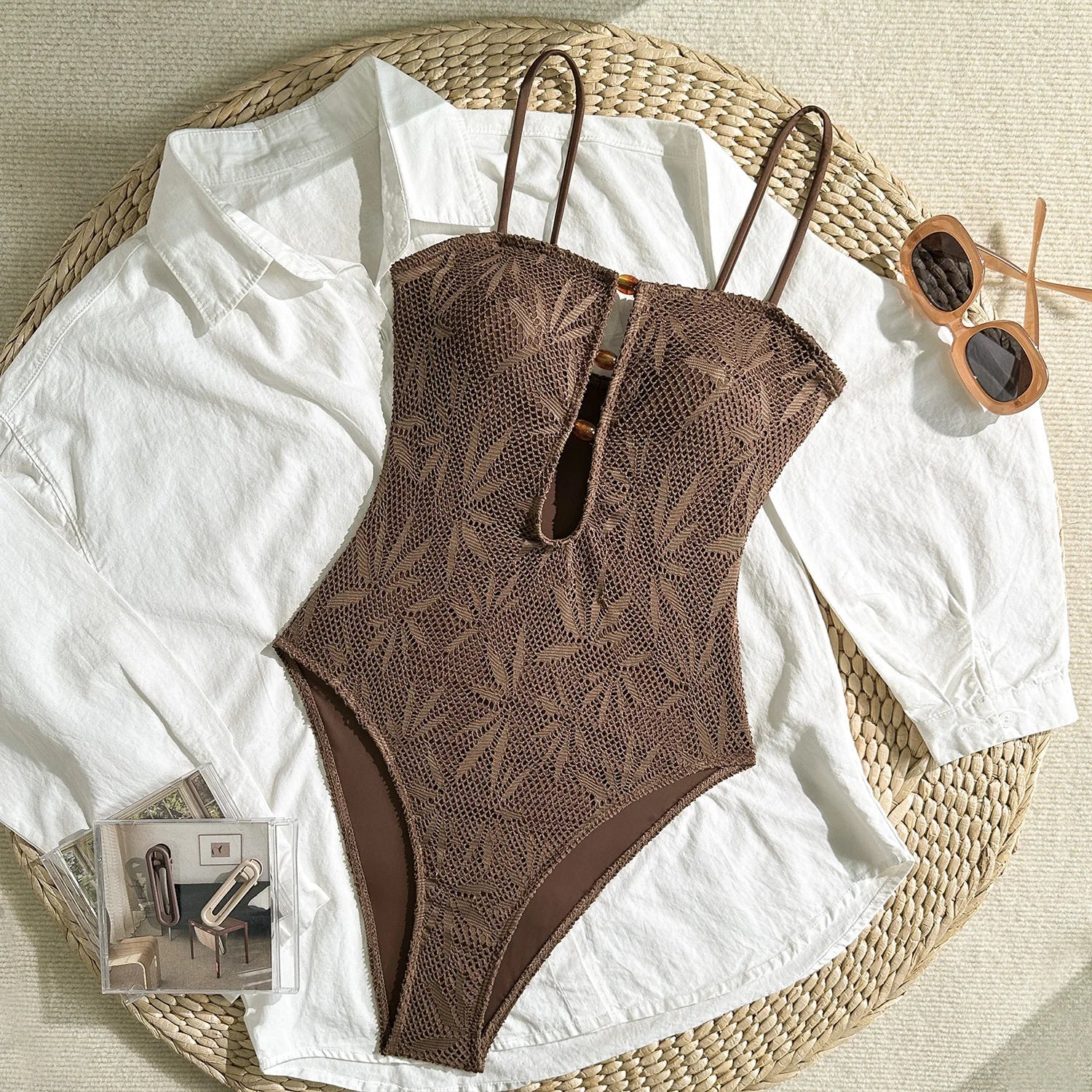 Boho Textured Leaf One Piece Suits Bathing Suit Thin Strap Amber Bead Keyhole Cutout High Cut Leg Pool Vacation Swimwear