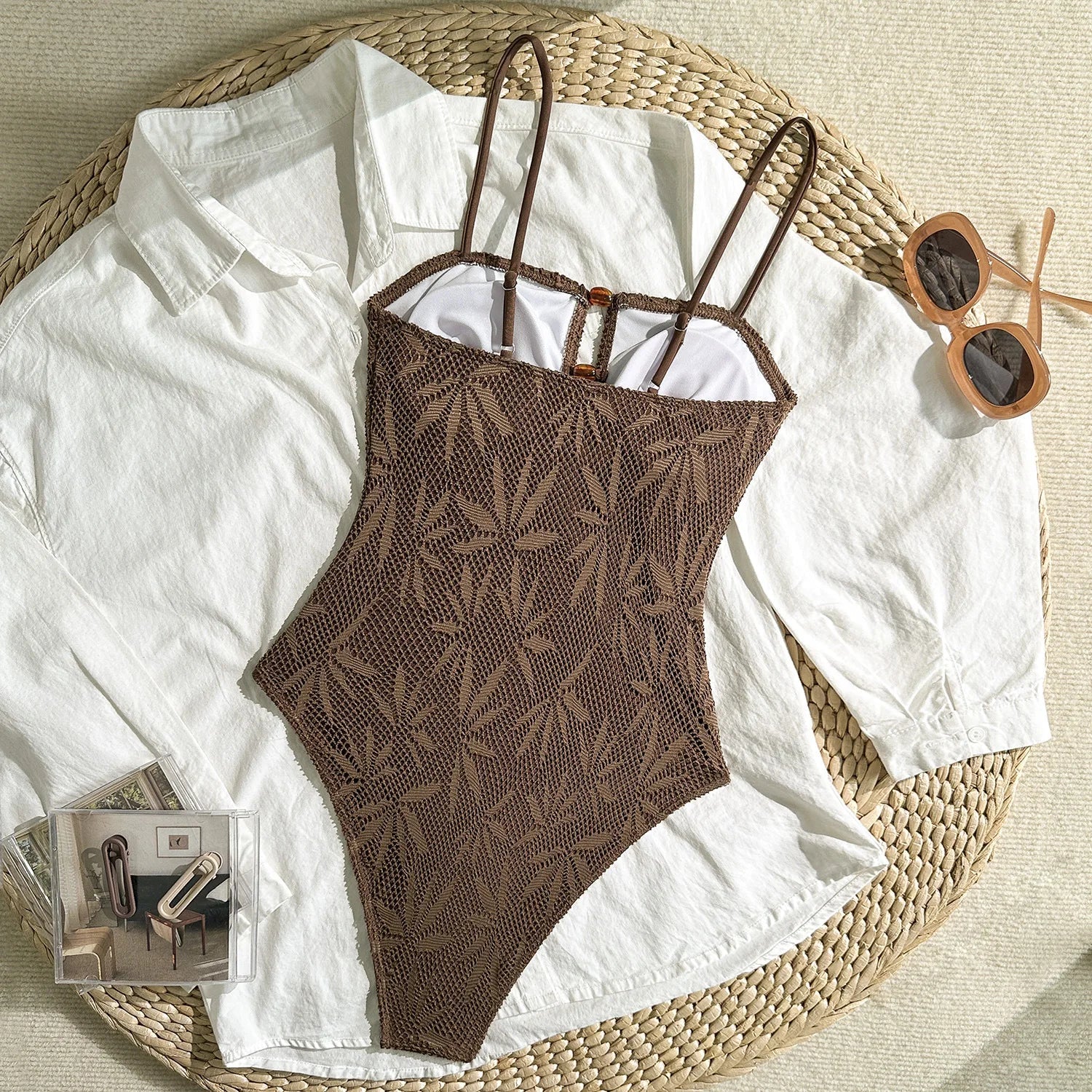Boho Textured Leaf One Piece Suits Bathing Suit Thin Strap Amber Bead Keyhole Cutout High Cut Leg Pool Vacation Swimwear