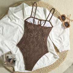 Boho Textured Leaf One Piece Suits Bathing Suit Thin Strap Amber Bead Keyhole Cutout High Cut Leg Pool Vacation Swimwear
