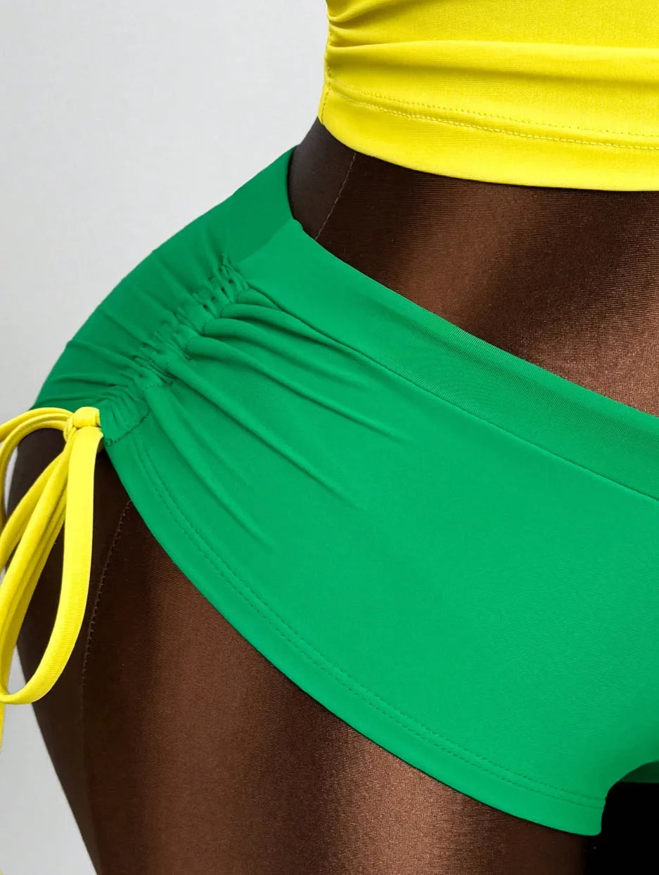 Brazil Flag Print Bikinis 2 Piece Outfit Yellow Halter Ruched Crop Top Green Side Drawstring Shorts Y2K Beach Vacation Set