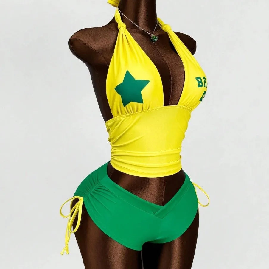 Brazil Flag Print Bikinis 2 Piece Outfit Yellow Halter Ruched Crop Top Green Side Drawstring Shorts Y2K Beach Vacation Set
