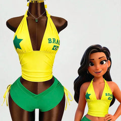 Brazil Flag Print Bikinis 2 Piece Outfit Yellow Halter Ruched Crop Top Green Side Drawstring Shorts Y2K Beach Vacation Set