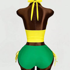 Brazil Flag Print Bikinis 2 Piece Outfit Yellow Halter Ruched Crop Top Green Side Drawstring Shorts Y2K Beach Vacation Set
