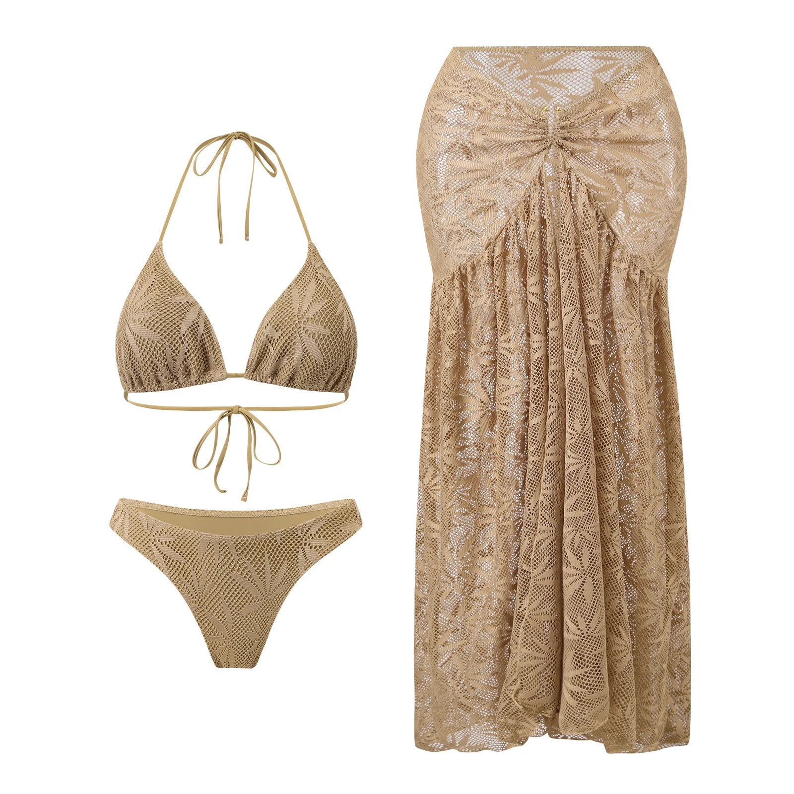 Brown Lace Halter Triangle Bikini Set