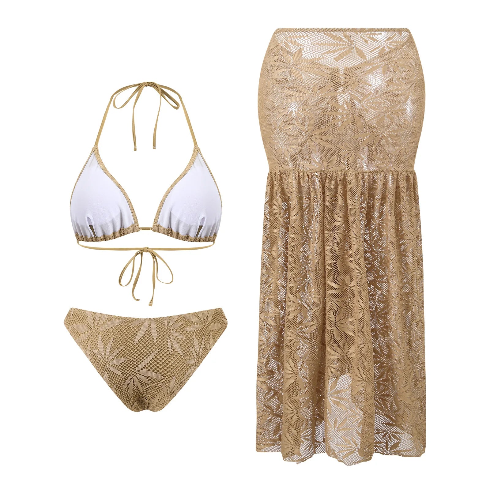 Brown Lace Halter Triangle Bikini Set