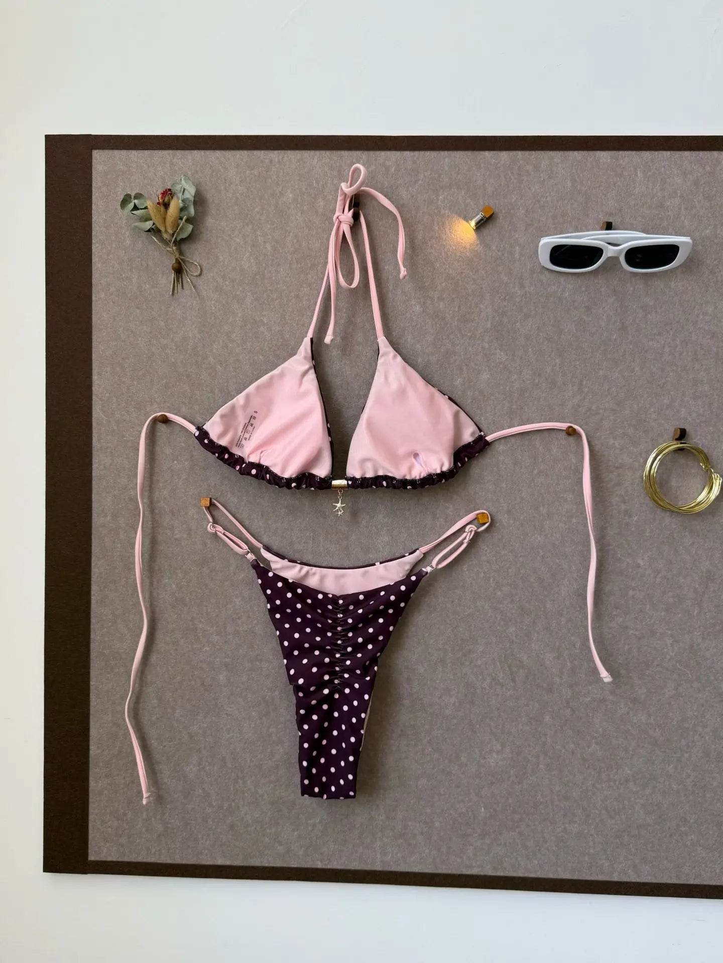 Brown White Polka Dot Bikini Set