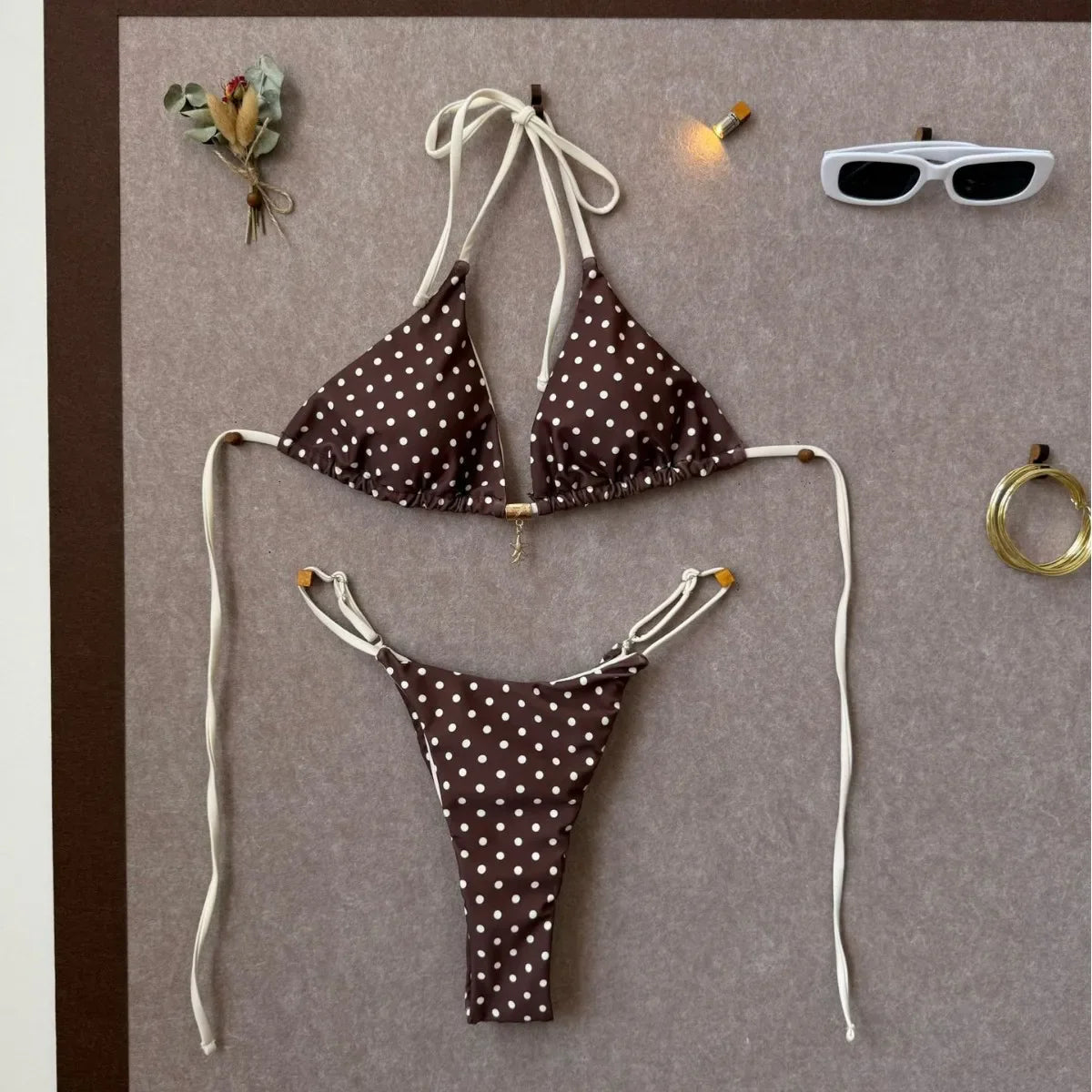 Brown White Polka Dot Bikini Set