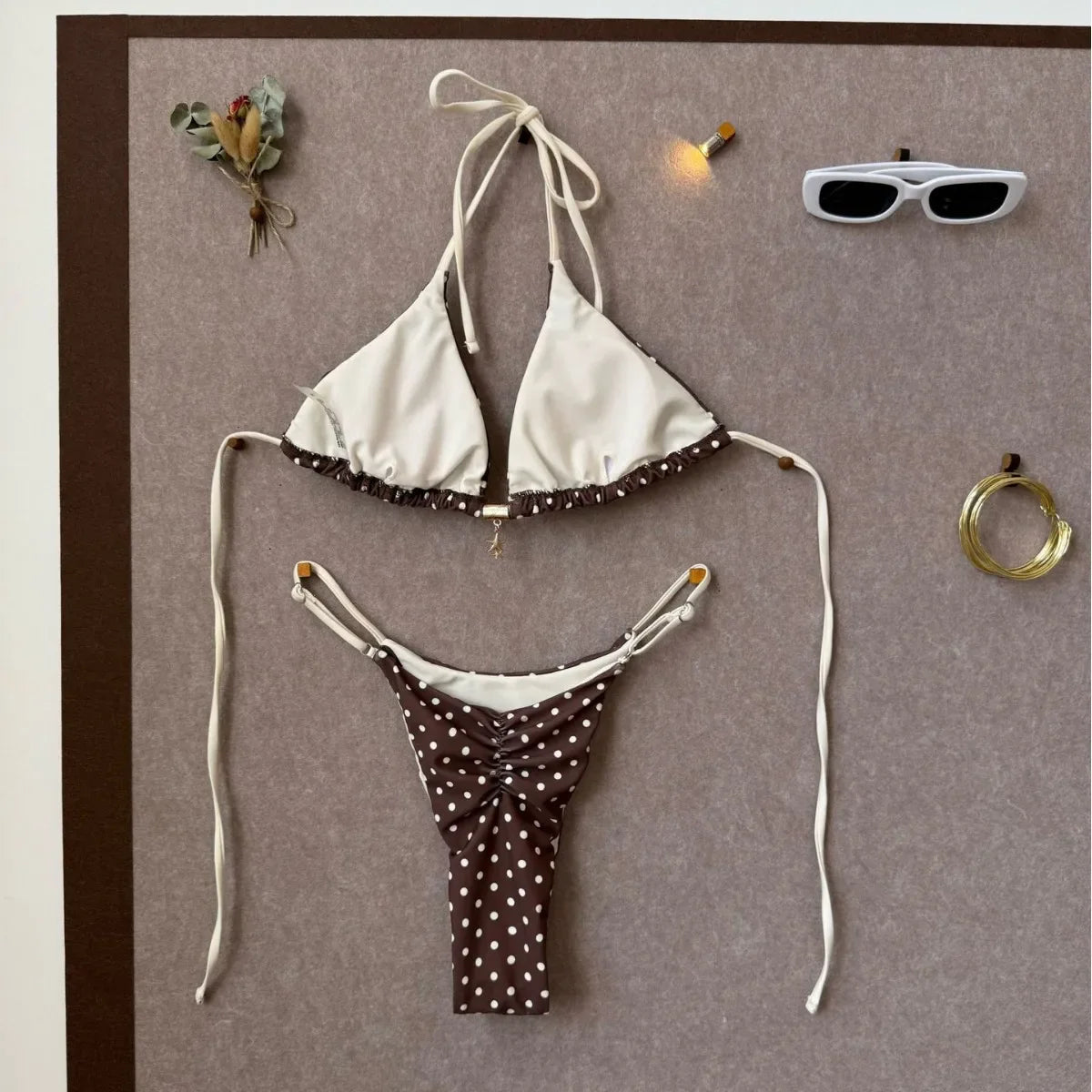 Brown White Polka Dot Bikini Set