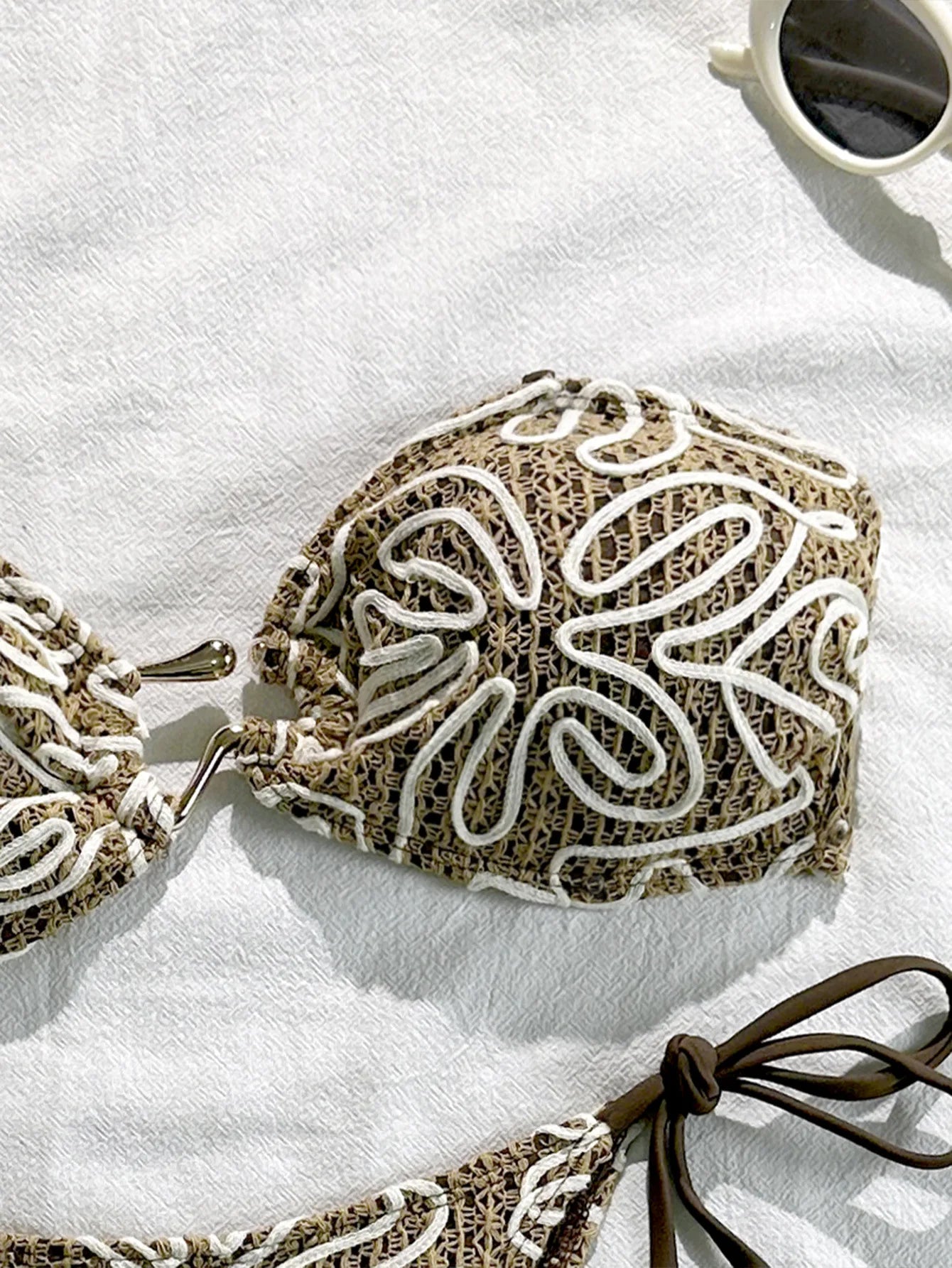 Brown and White Embroidered Textured Bandeau Bikini Set