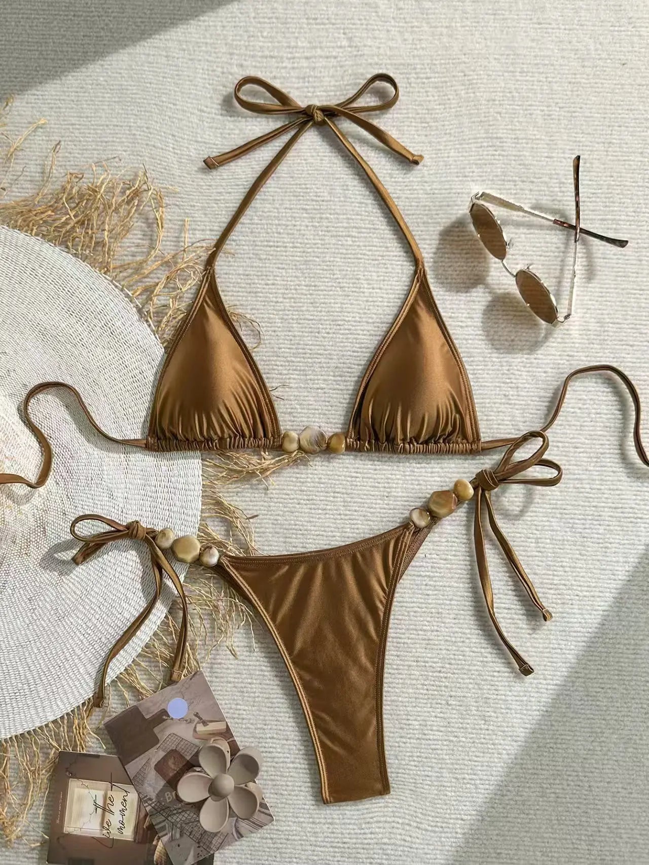 Coffee Shell Beaded 2 Piece Bikini Set