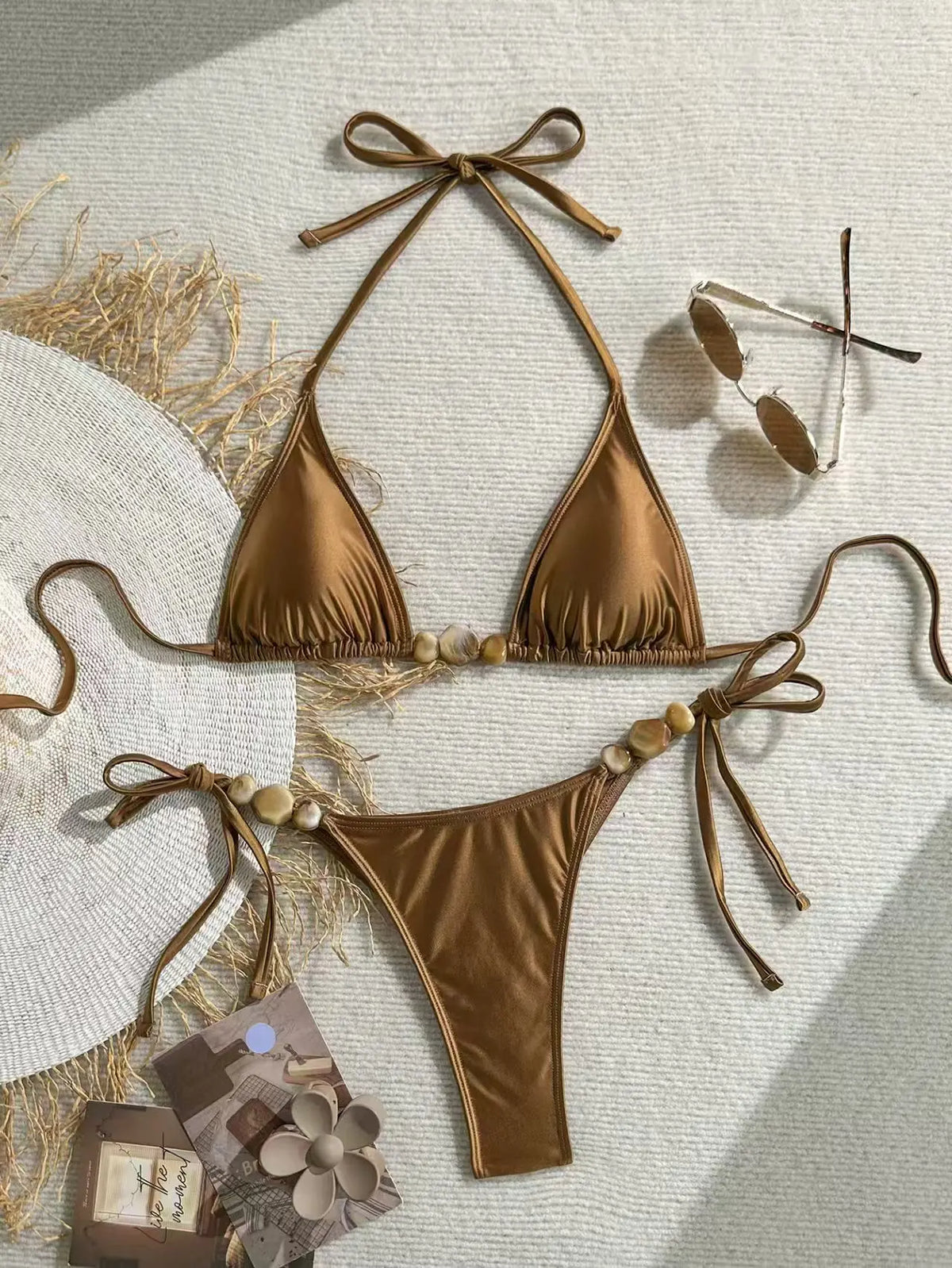 Coffee Shell Beaded 2 Piece Bikini Set