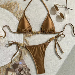 Coffee Shell Beaded 2 Piece Bikini Set