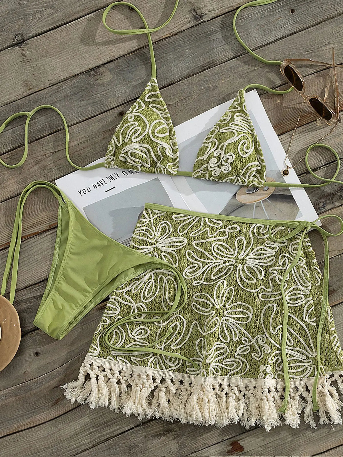 Crochet Floral Embroidery 3 Piece Bikini Set
