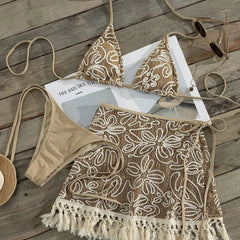 Crochet Floral Embroidery 3 Piece Bikini Set