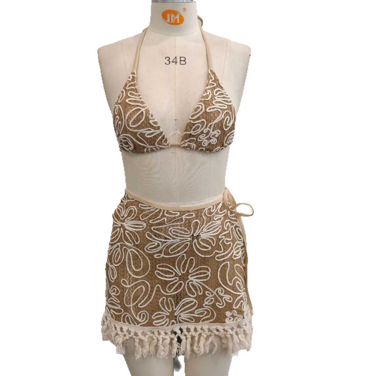 Crochet Floral Embroidery 3 Piece Bikini Set