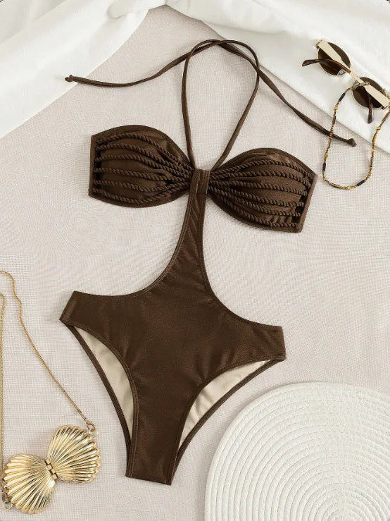 Dark Brown Pleated Halter One Piece Suits Swimsuit Cutout High Cut Backless Bikinis Bodycon Beach Swimwear