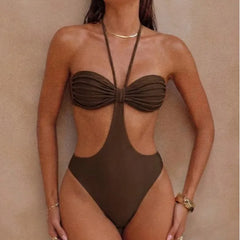 Dark Brown Pleated Halter One Piece Suits Swimsuit Cutout High Cut Backless Bikinis Bodycon Beach Swimwear