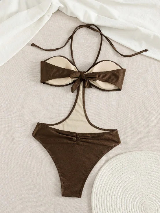 Dark Brown Pleated Halter One Piece Suits Swimsuit Cutout High Cut Backless Bikinis Bodycon Beach Swimwear
