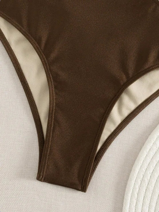 Dark Brown Pleated Halter One Piece Suits Swimsuit Cutout High Cut Backless Bikinis Bodycon Beach Swimwear