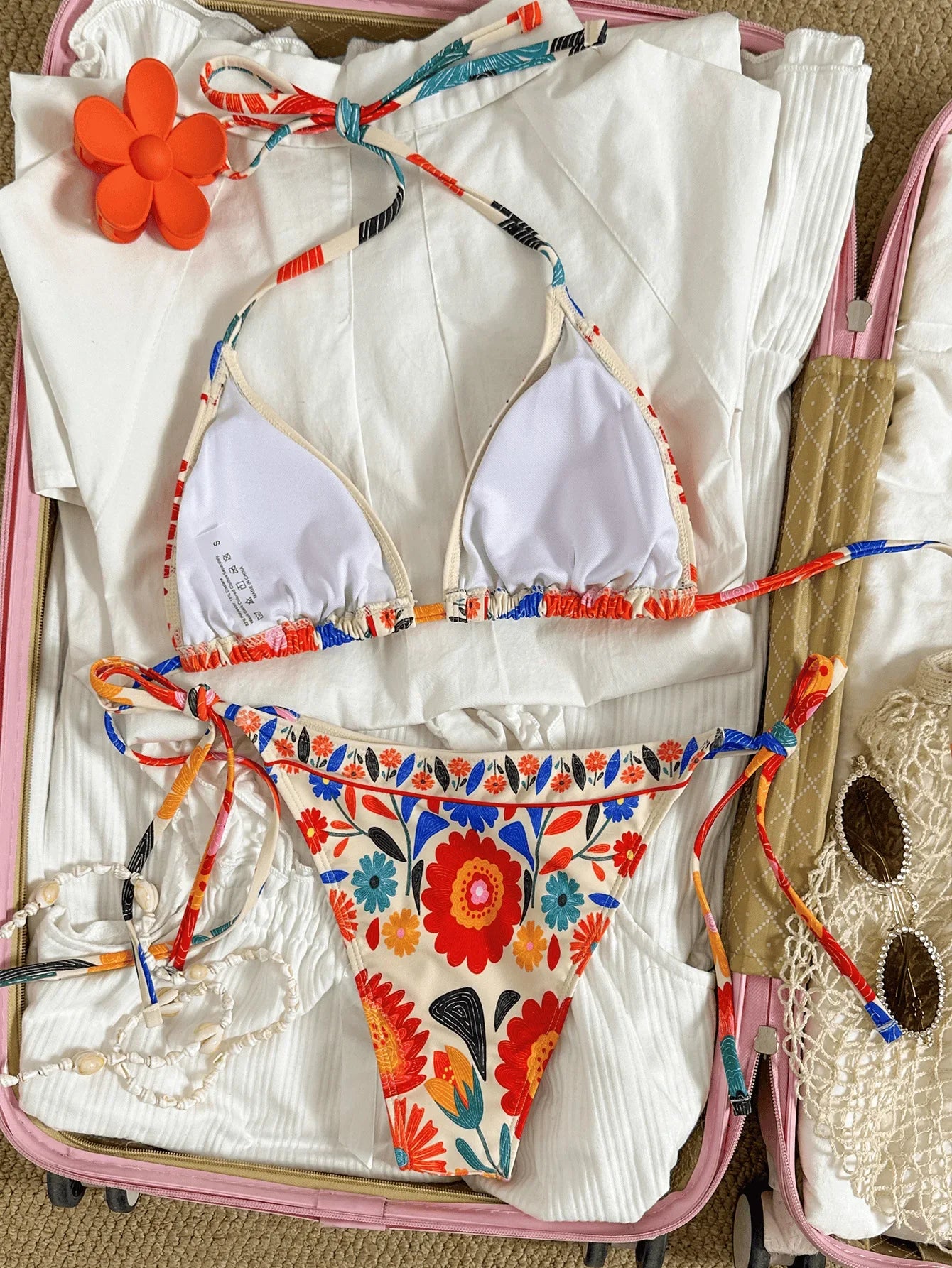 Floral Print Halter Triangle Bikini Set