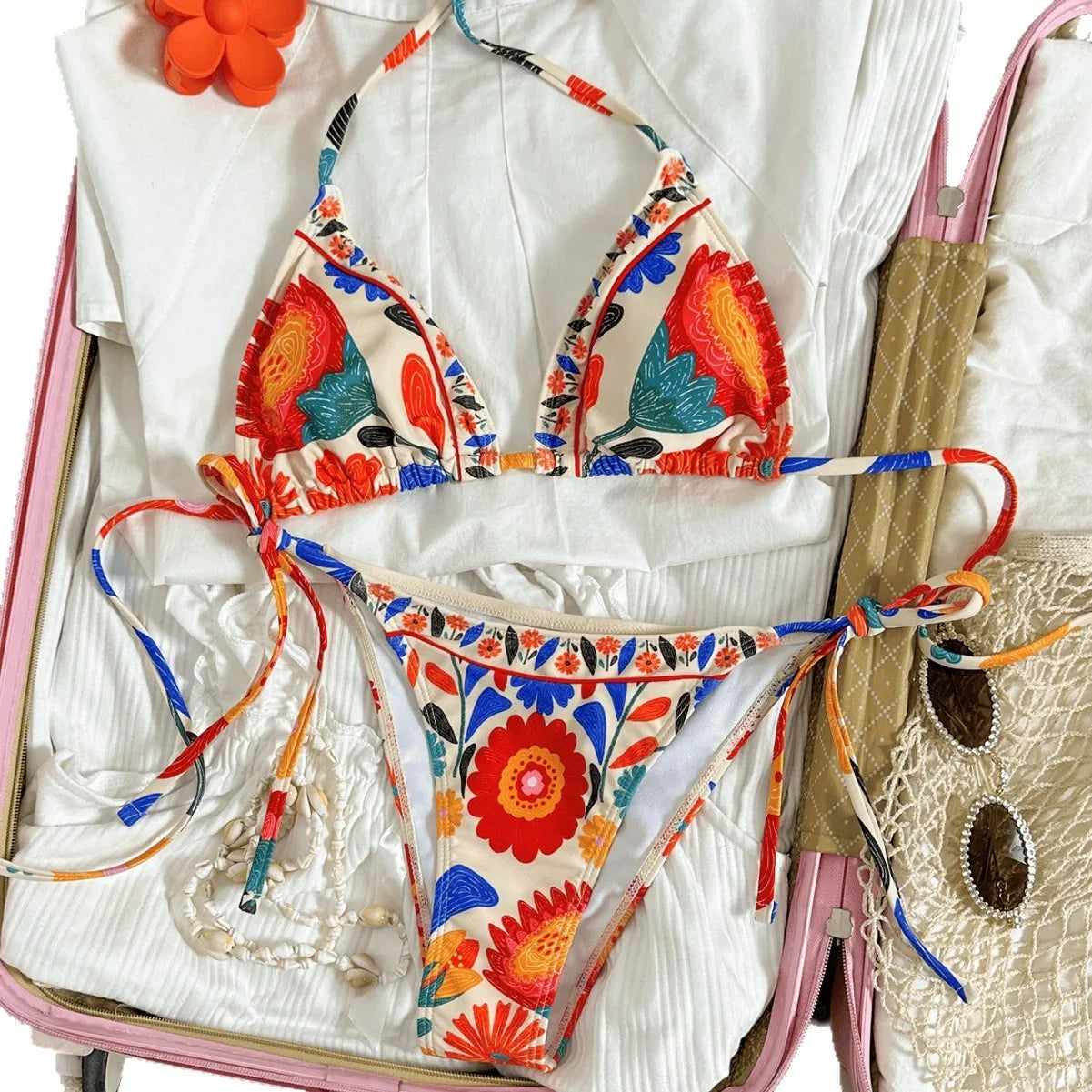 Floral Print Halter Triangle Bikini Set