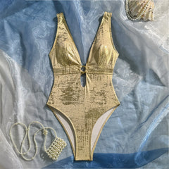 Gold Metallic Halter One Piece Swimsuit with Deep V Neck Keyhole Bathing Suits Beach Party Swimwear