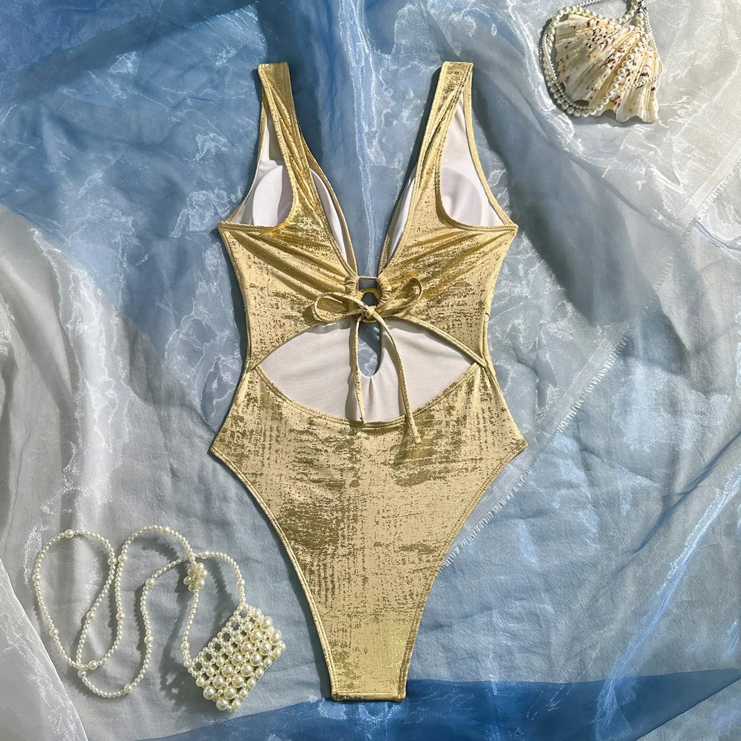 Gold Metallic Halter One Piece Swimsuit with Deep V Neck Keyhole Bathing Suits Beach Party Swimwear