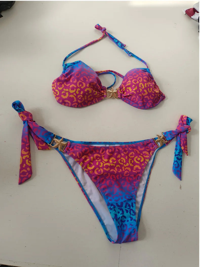 Gradient Gold Foil Leopard 2 Piece Bikinis Set
