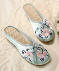 Green Embroidered Button Cotton Fabric Slide Sandals