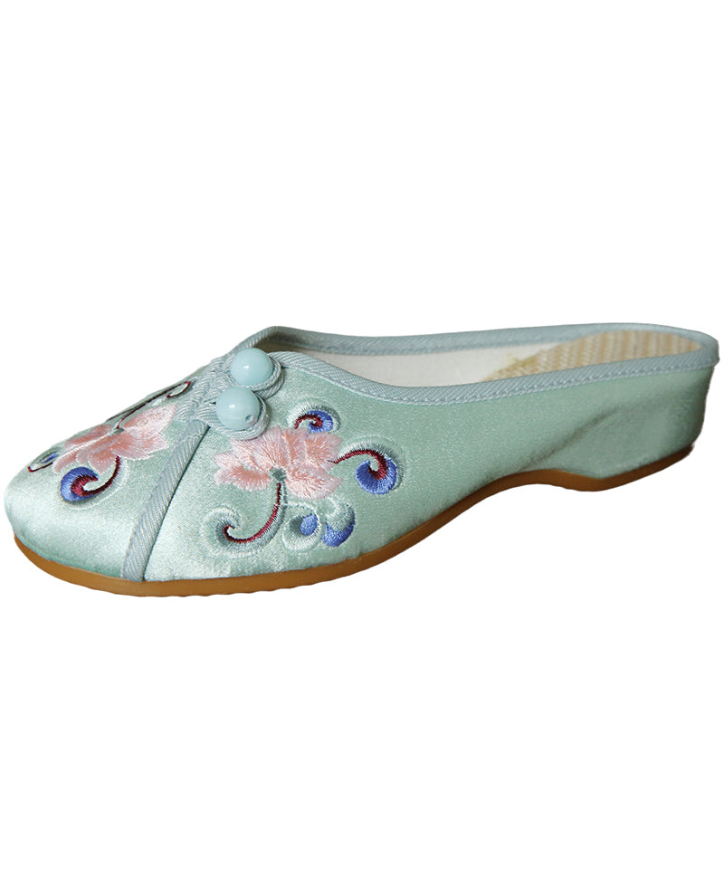 Green Embroidered Button Cotton Fabric Slide Sandals