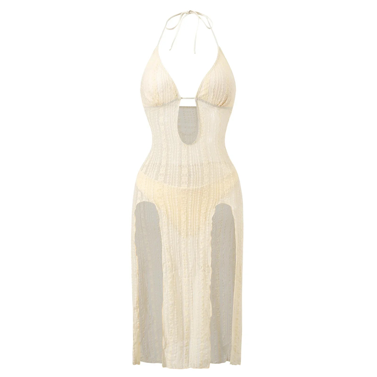 Lace Halter Deep V Neck Keyhole Side Slit Sheer Mesh See Through Maxi Cover Up Dress Beachwear Swimwear Bikini Cover Up