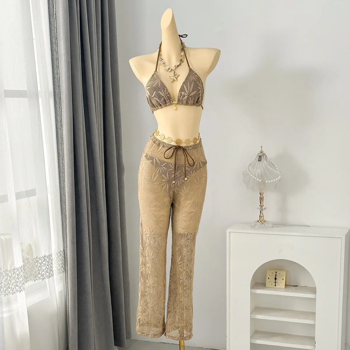Leaf Hollow Mesh 3 Piece Bikini Set