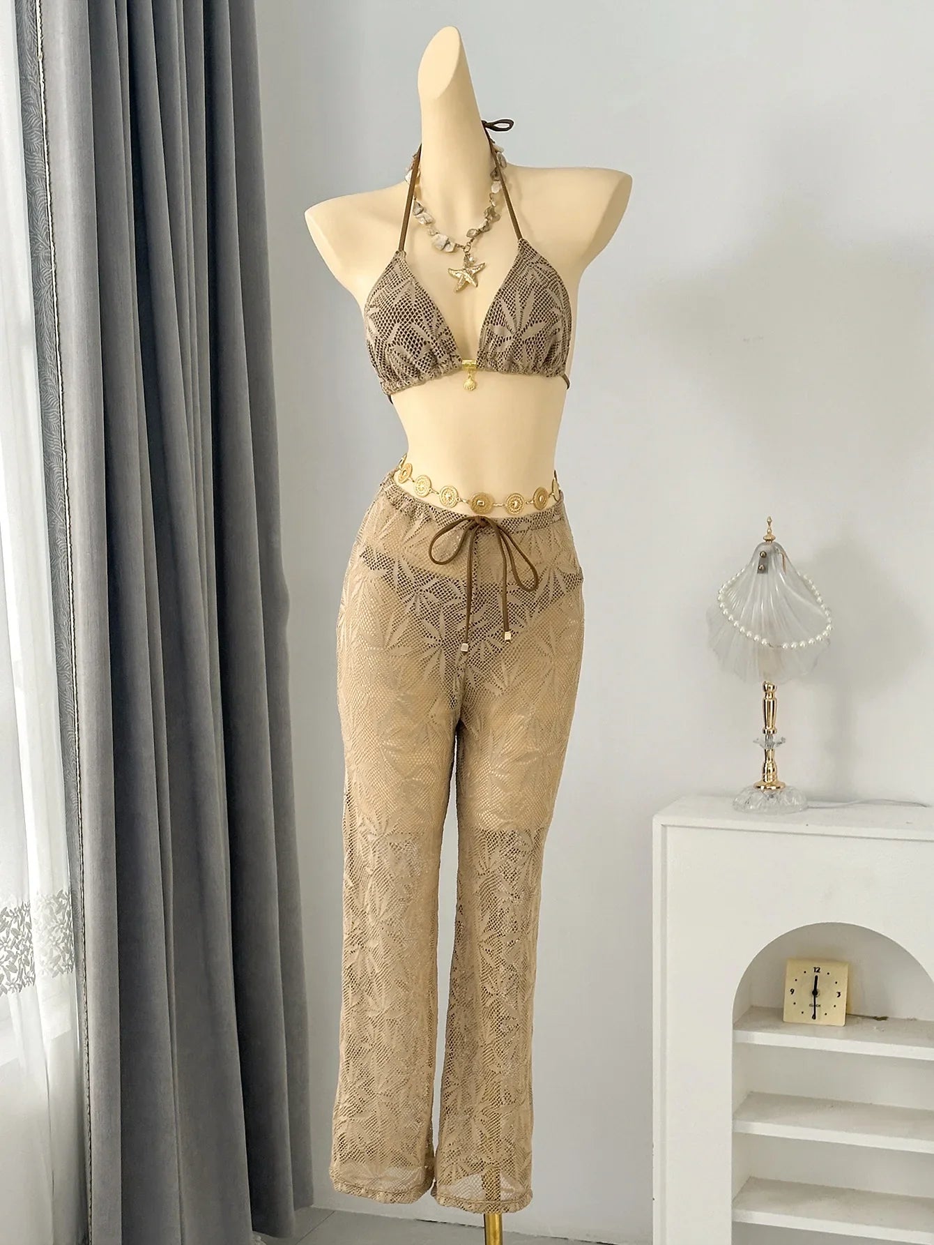Leaf Hollow Mesh 3 Piece Bikini Set