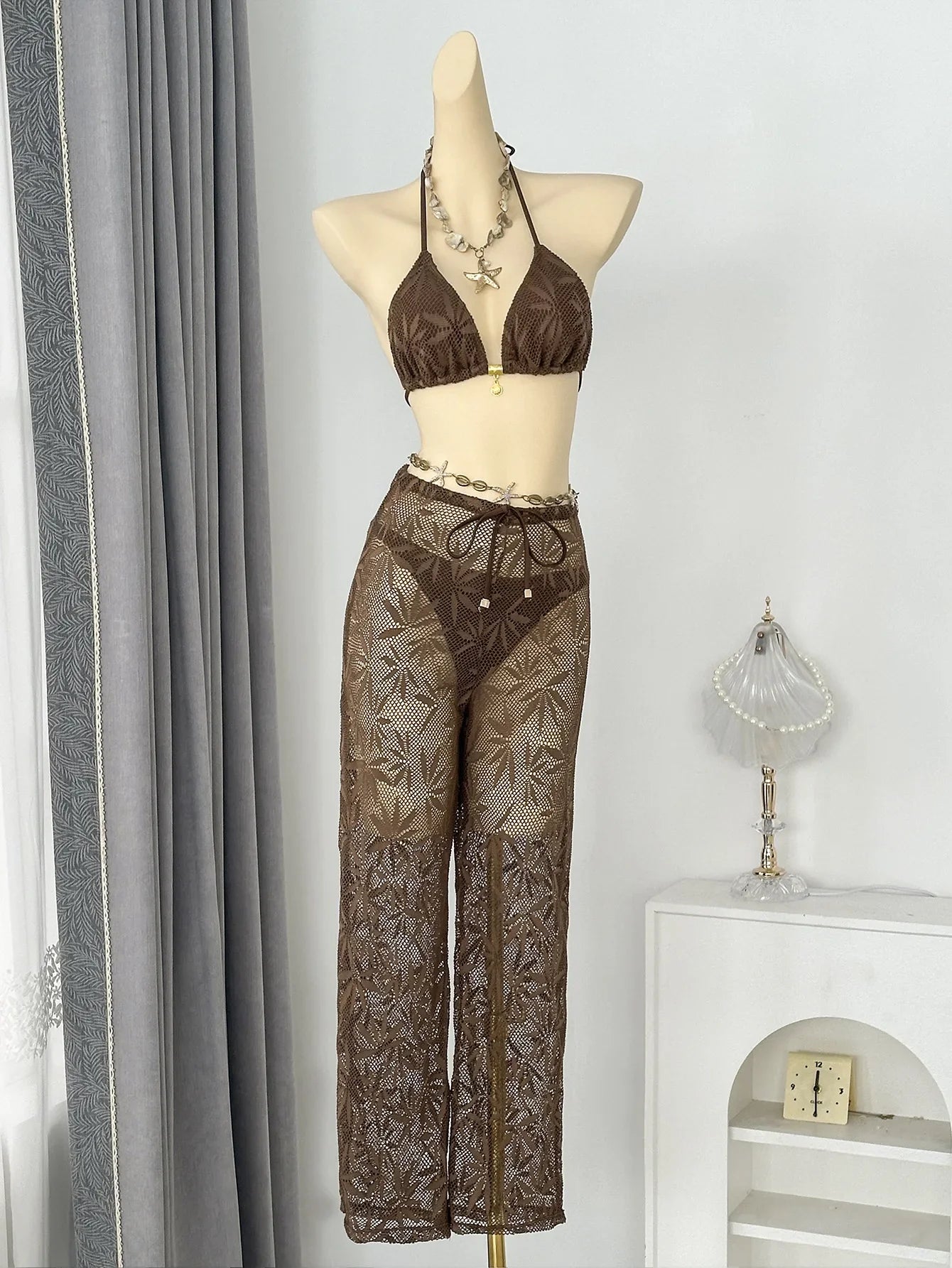 Leaf Hollow Mesh 3 Piece Bikini Set