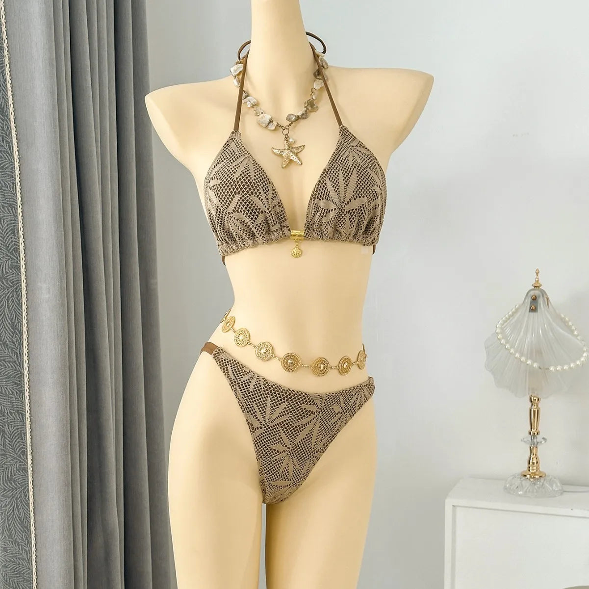 Leaf Hollow Mesh 3 Piece Bikini Set