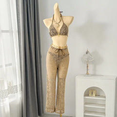 Leaf Hollow Mesh 3 Piece Bikini Set