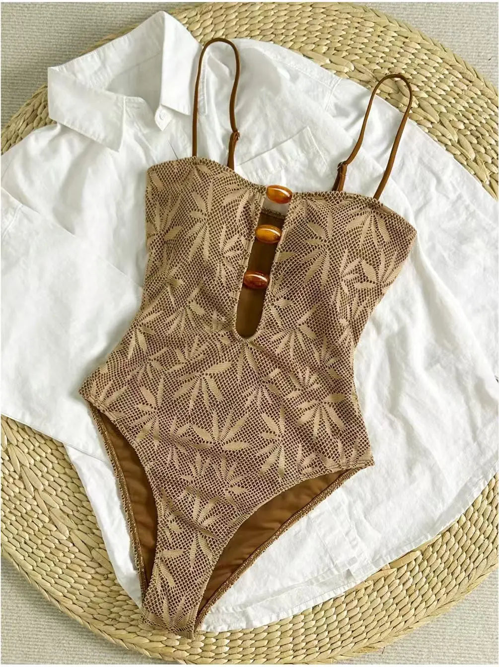 Leaf Mesh Textured One Piece Suits Swimsuit Front Amber Bead Cutout Spaghetti Strap High Cut Swimsuits Swim Bodysuit