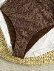 Leaf Mesh Textured One Piece Suits Swimsuit Front Amber Bead Cutout Spaghetti Strap High Cut Swimsuits Swim Bodysuit