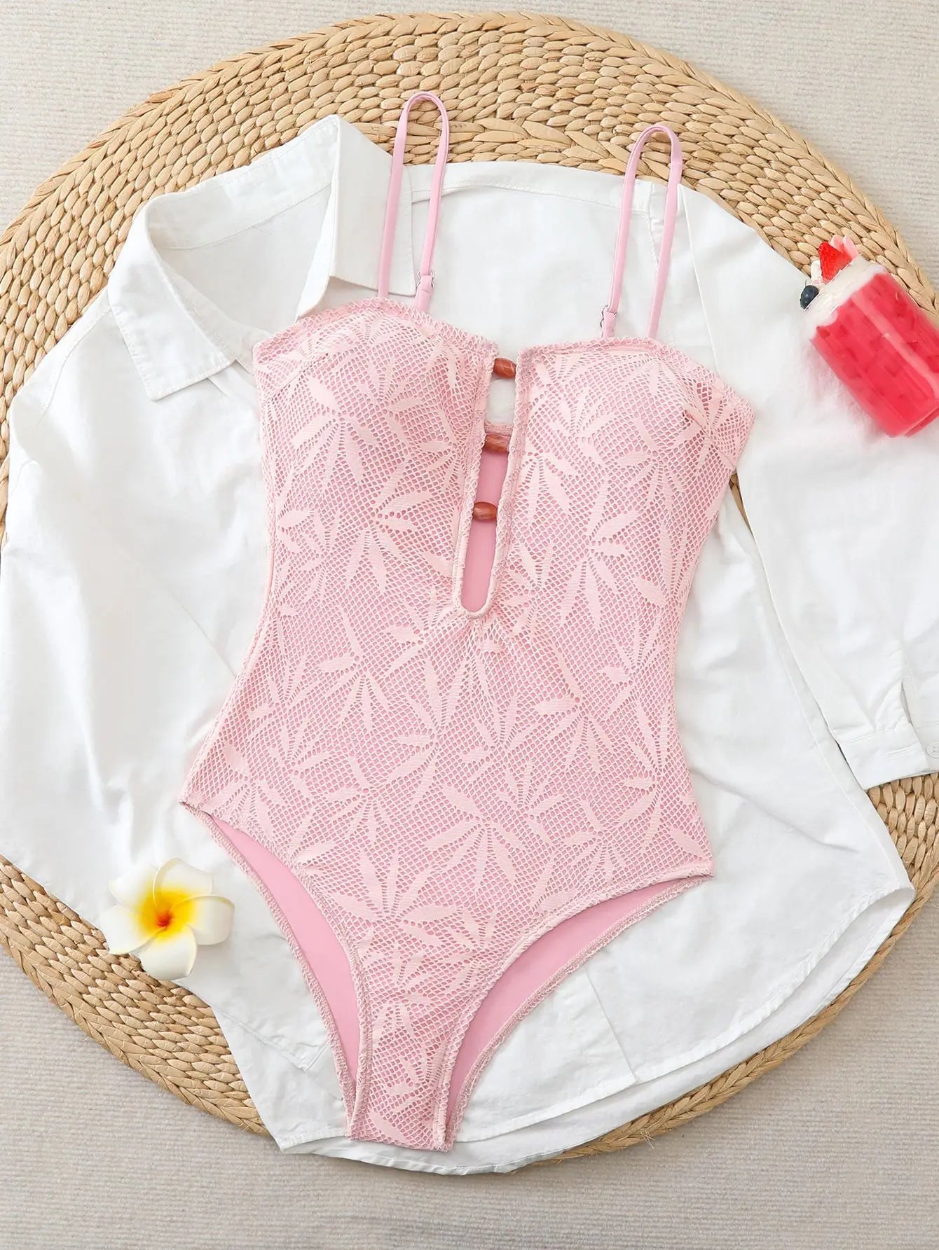 Leaf Mesh Textured One Piece Suits Swimsuit Front Amber Bead Cutout Spaghetti Strap High Cut Swimsuits Swim Bodysuit
