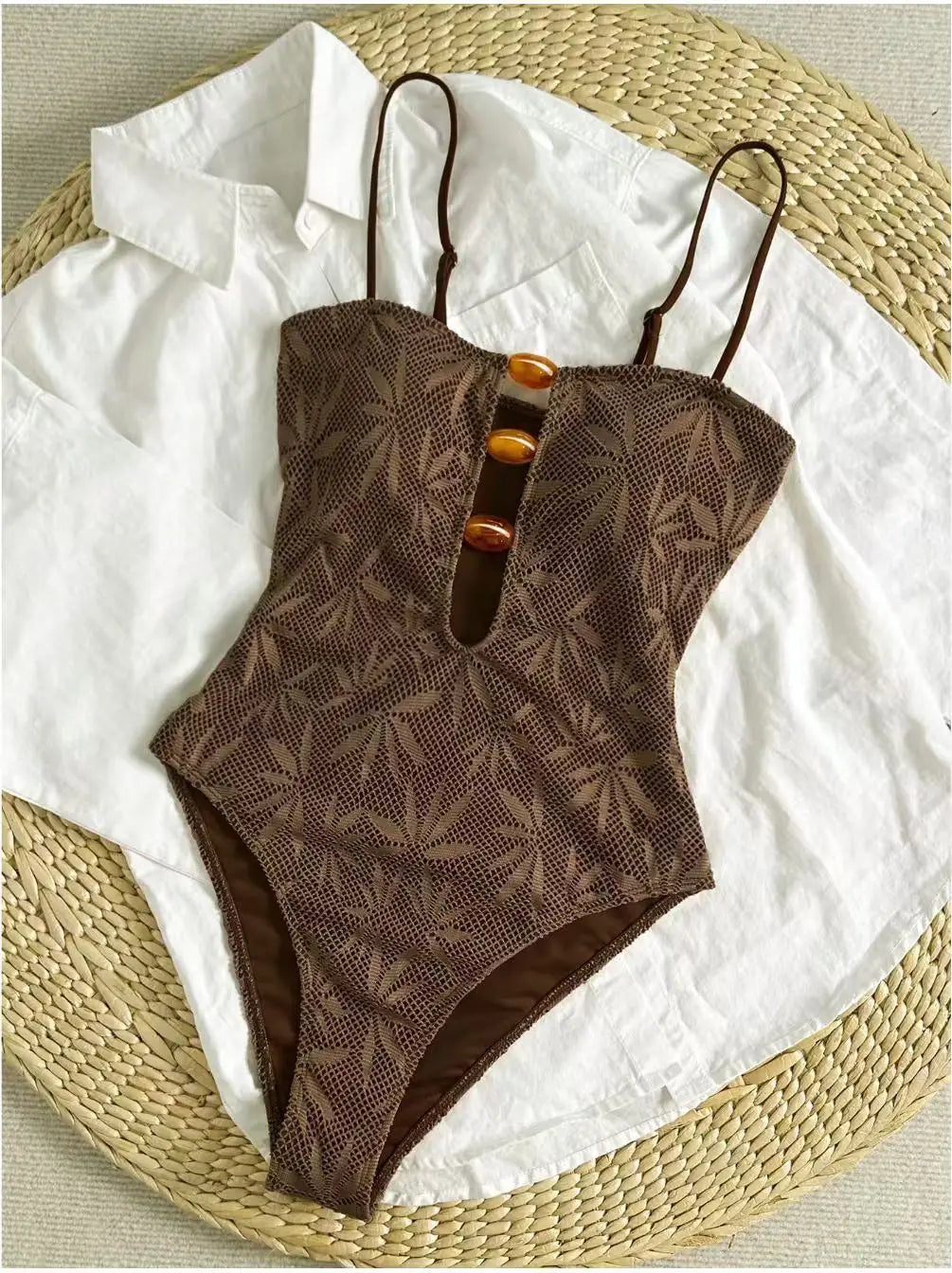Leaf Mesh Textured One Piece Suits Swimsuit Front Amber Bead Cutout Spaghetti Strap High Cut Swimsuits Swim Bodysuit