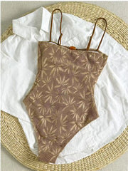 Leaf Mesh Textured One Piece Suits Swimsuit Front Amber Bead Cutout Spaghetti Strap High Cut Swimsuits Swim Bodysuit