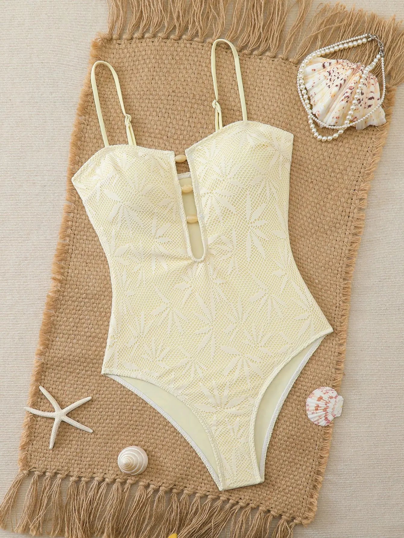 Leaf Mesh Textured One Piece Suits Swimsuit Front Amber Bead Cutout Spaghetti Strap High Cut Swimsuits Swim Bodysuit