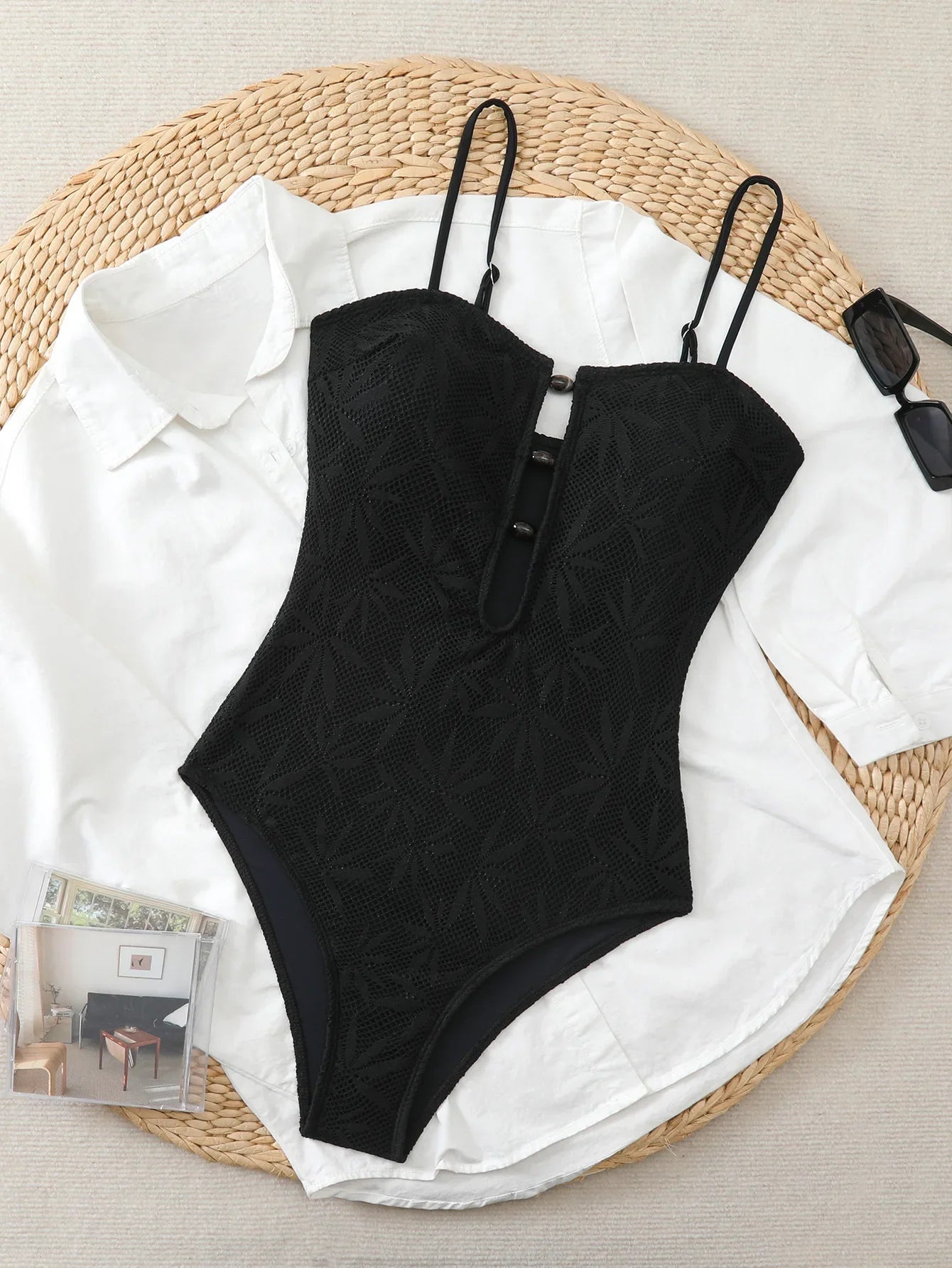 Leaf Mesh Textured One Piece Suits Swimsuit Front Amber Bead Cutout Spaghetti Strap High Cut Swimsuits Swim Bodysuit