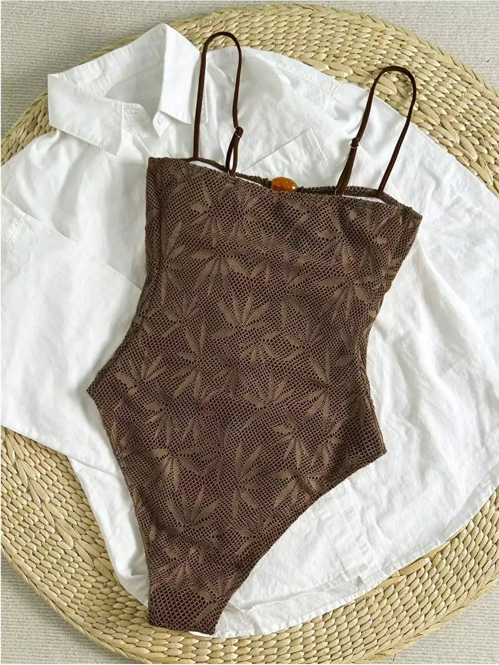 Leaf Mesh Textured One Piece Suits Swimsuit Front Amber Bead Cutout Spaghetti Strap High Cut Swimsuits Swim Bodysuit